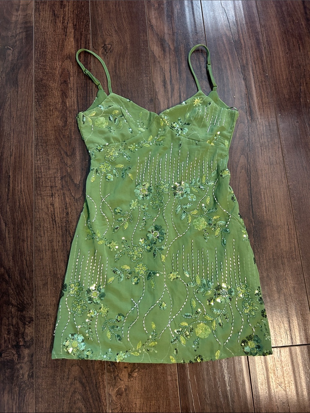 Green Embellished Floral Mini Slip Dress